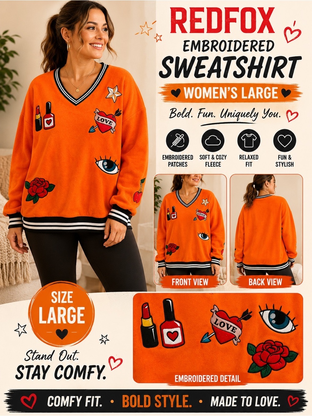 Red Fox Women's Orange Embroidered V-Neck Sweater LARGE